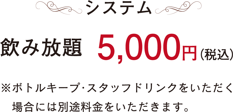 システム 飲み放題5,000円（税込） ※ボトルキープ・スタッフドリンクをいただく場合には別途料金をいただきます。